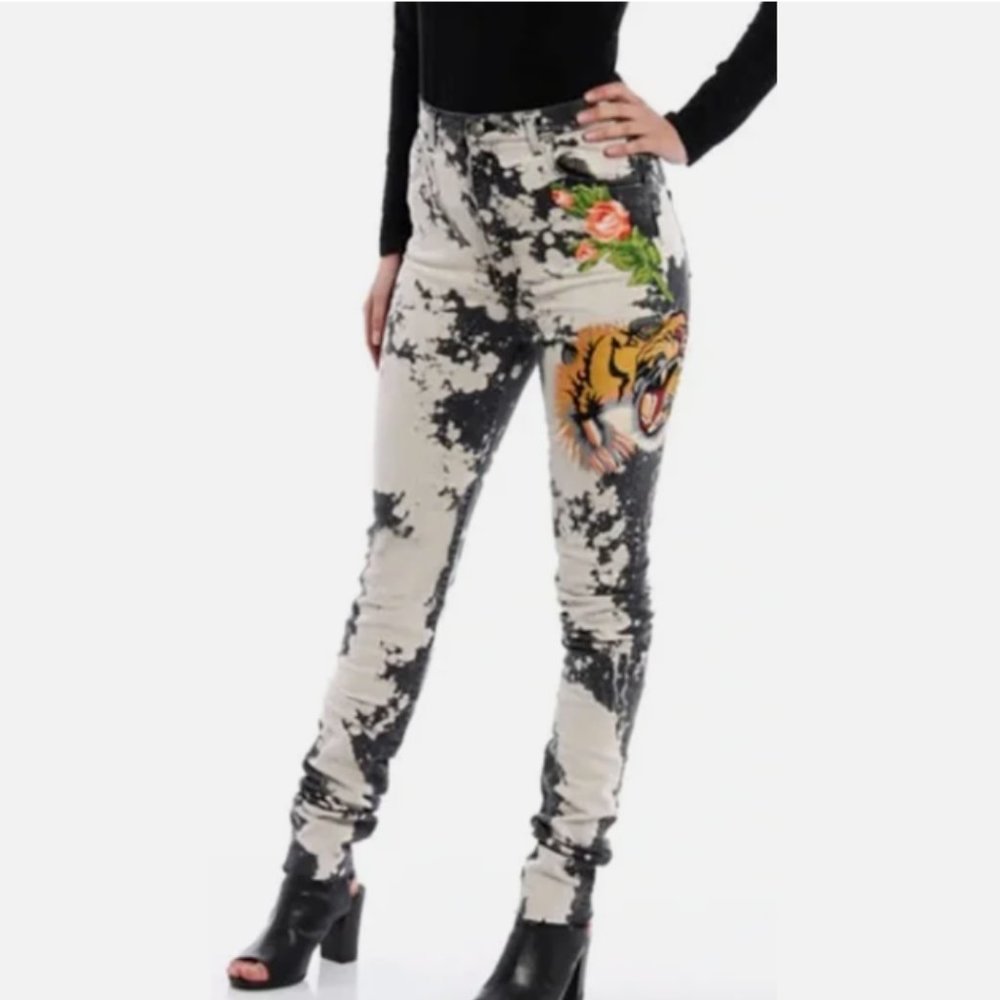 Gucci Tiger Flower Embroidery Bleach Denim Women's High Waist Skinny Jeans sz 29